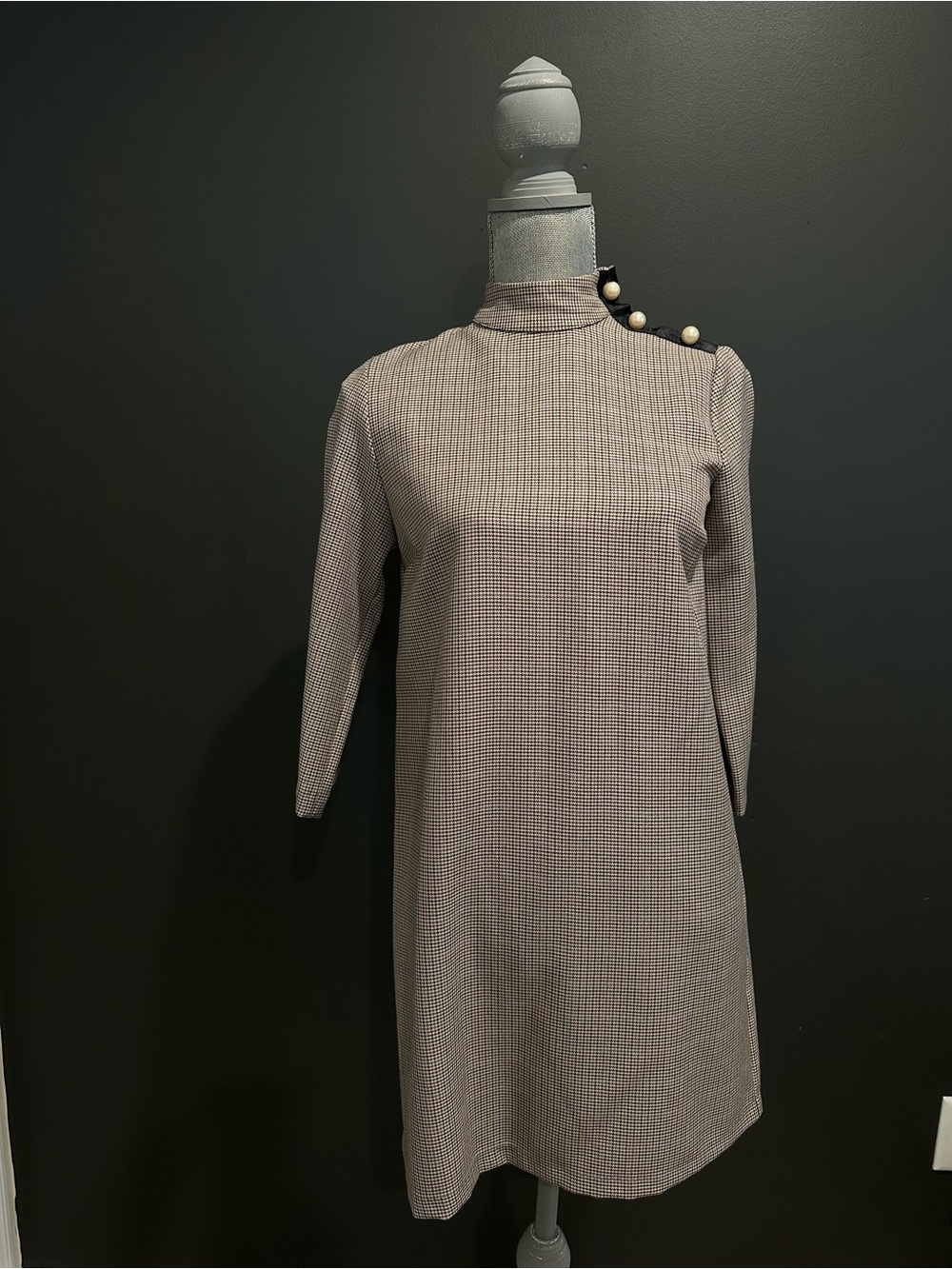 Zara Taupe Check Long Sleeve Shift Dress with Shoulder Buttons